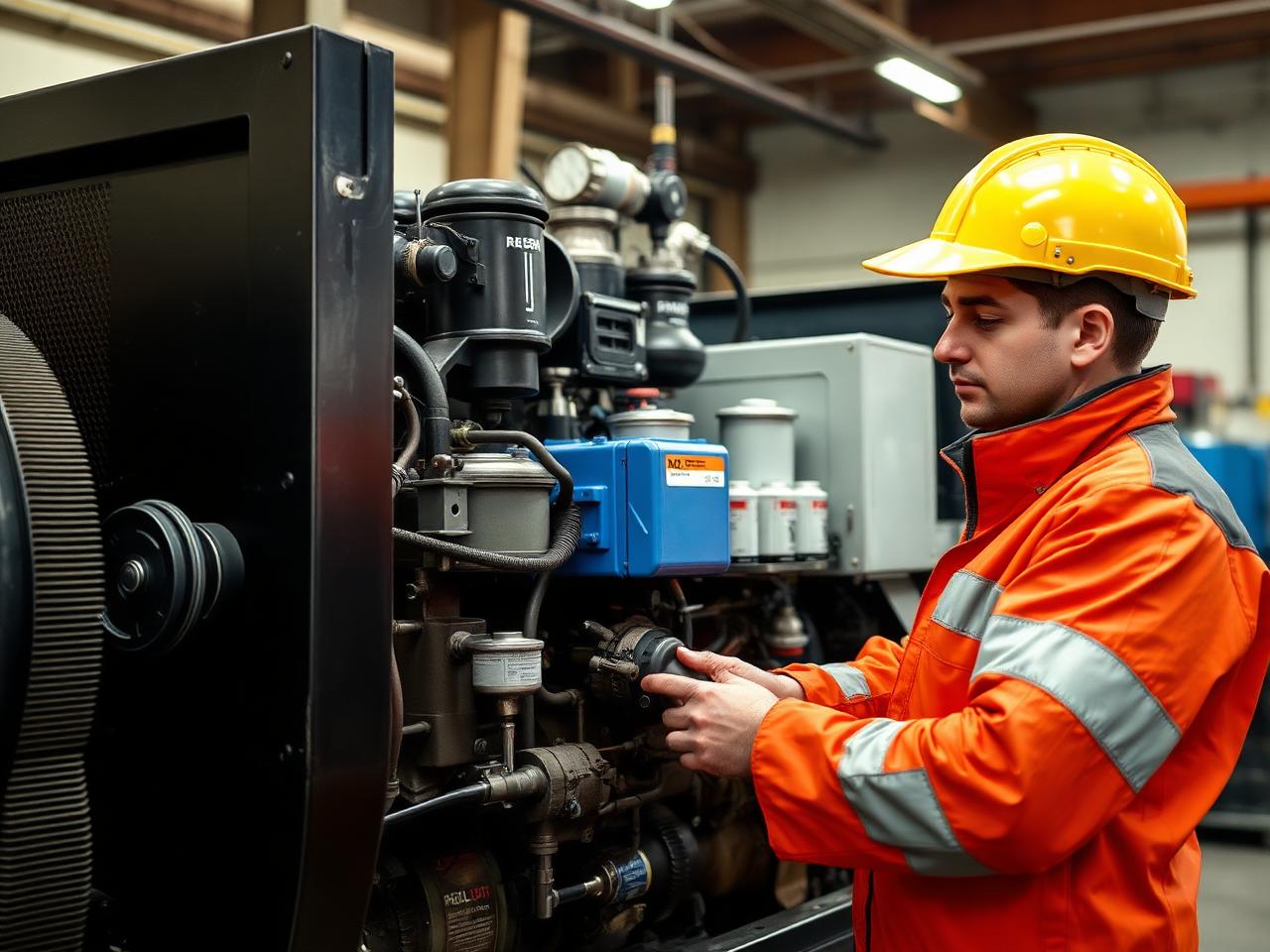 Technicien réalisant la maintenance préventive d'un moteur de groupe électrogène